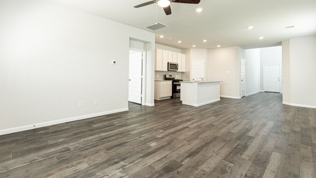 Family Room to Dining Area and Kitchen