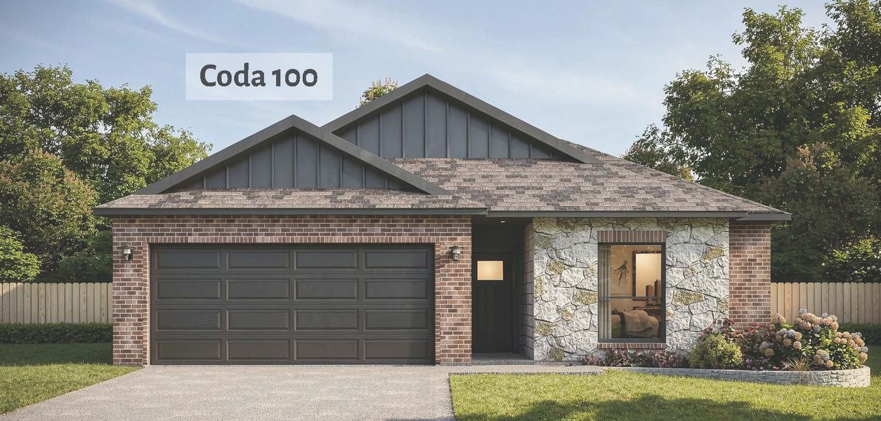 Representative exterior photo of a completed home built from the Coda by Omega Builders in Turnbo Ranch, Killeen, TX (Image 1). Representative exterior photo of a completed home built from the Coda by Omega Builders in Turnbo Ranch, Killeen, TX (Image 1).