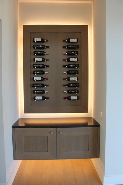 Wine room with light wood-type flooring