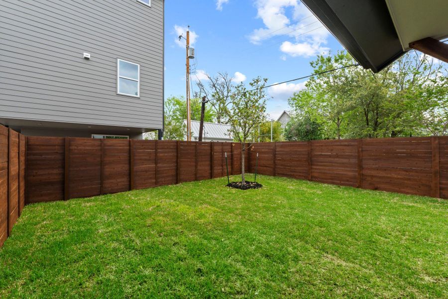 A fully enclosed grassy yard features a rich wood fence under a blue sky.