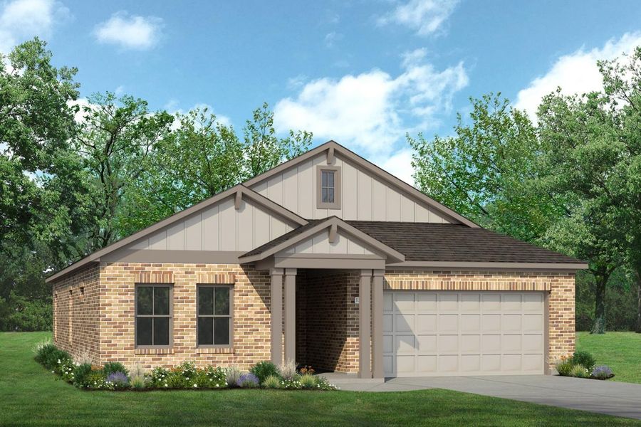 Rendering of one-story home with two-tone tan board and batten, columns, garage, and accents, and brick with driveway and landscaping Rendering of one-story home with two-tone tan board and batten, columns, garage, and accents, and brick with driveway and landscaping
