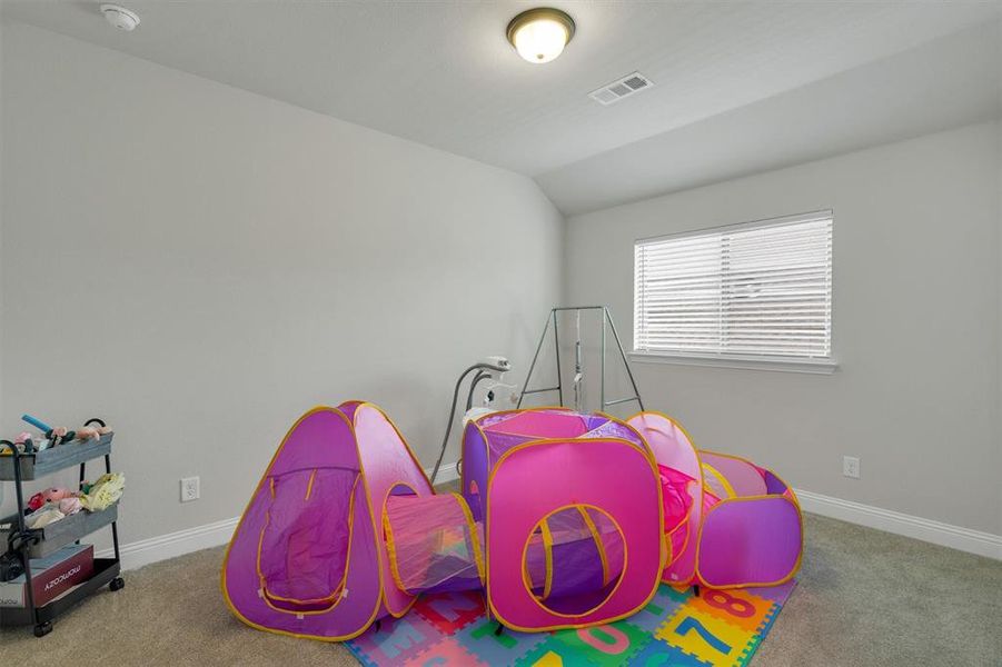 Carpeted room featuring a single window with blinds, white trim, and a ceiling-mounted light fixture