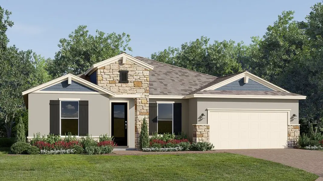 Front exterior of a new home in Bridgewalk, St. Cloud, FL, highlighting curb appeal (Image 1). Front exterior of a new home in Bridgewalk, St. Cloud, FL, highlighting curb appeal (Image 1).