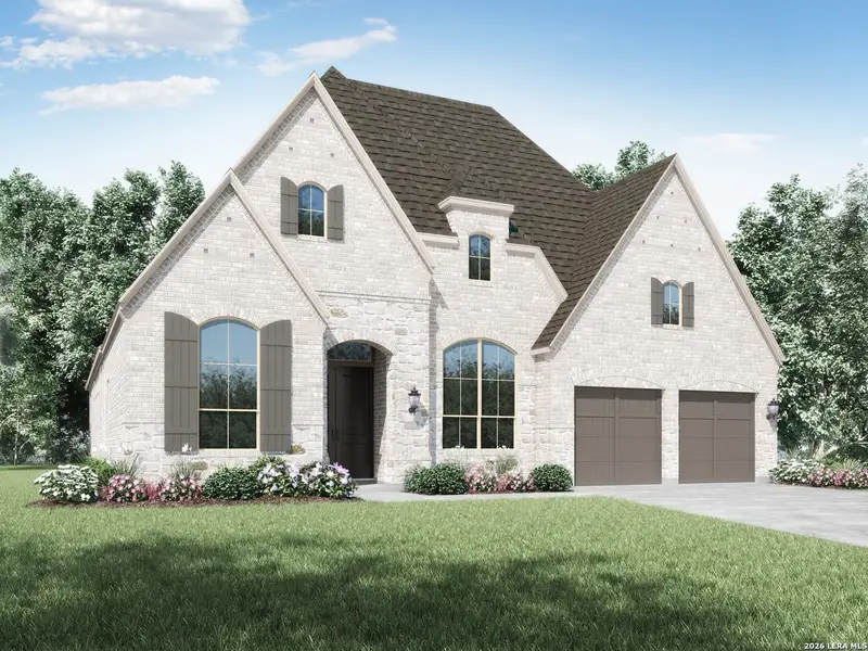 Front exterior of a new home in Mayfair, New Braunfels, TX, highlighting curb appeal (Image 1). Front exterior of a new home in Mayfair, New Braunfels, TX, highlighting curb appeal (Image 1).
