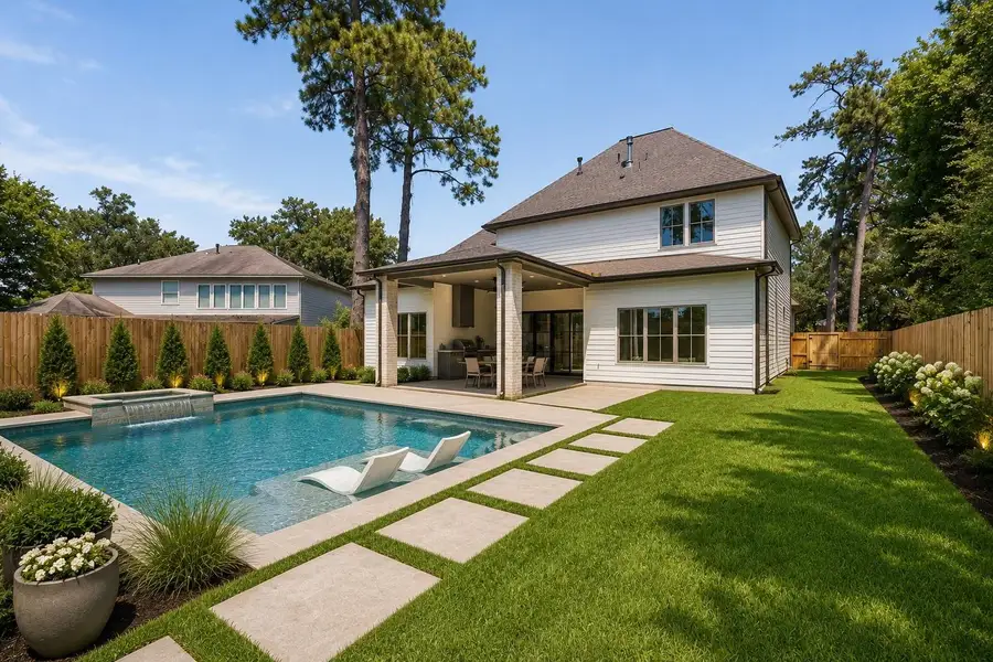 VIRTUAL: Artist rendering illustrates the exceptional potential for a resort-style backyard complete with a custom pool, lush landscaping, and seamless indoor-outdoor entertaining.