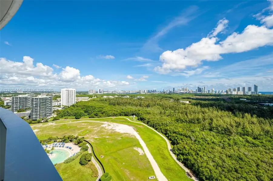 Elevated balcony featuring expansive scenery of surrounding greenery, a winding pathway, and a distant skyline