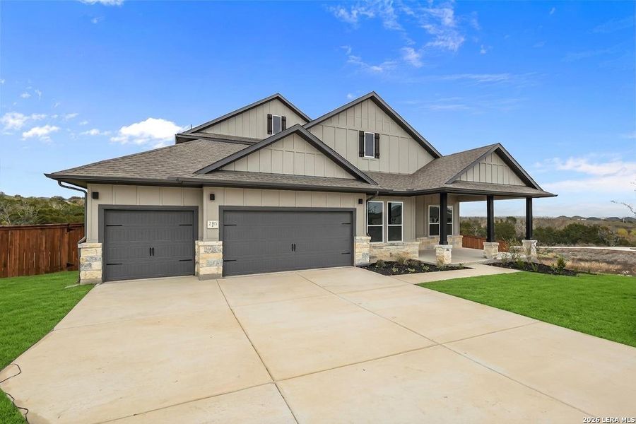 Front exterior of a new home in Homestead, Schertz, TX, highlighting curb appeal (Image 23).