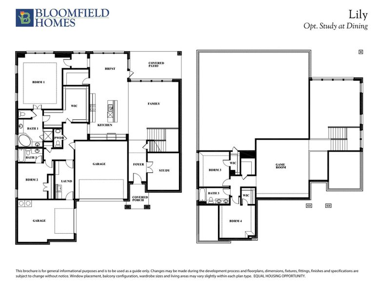 Bloomfield Homes Lily floor plan with optional study at dining, showing two-story layout with four bedrooms and game room.