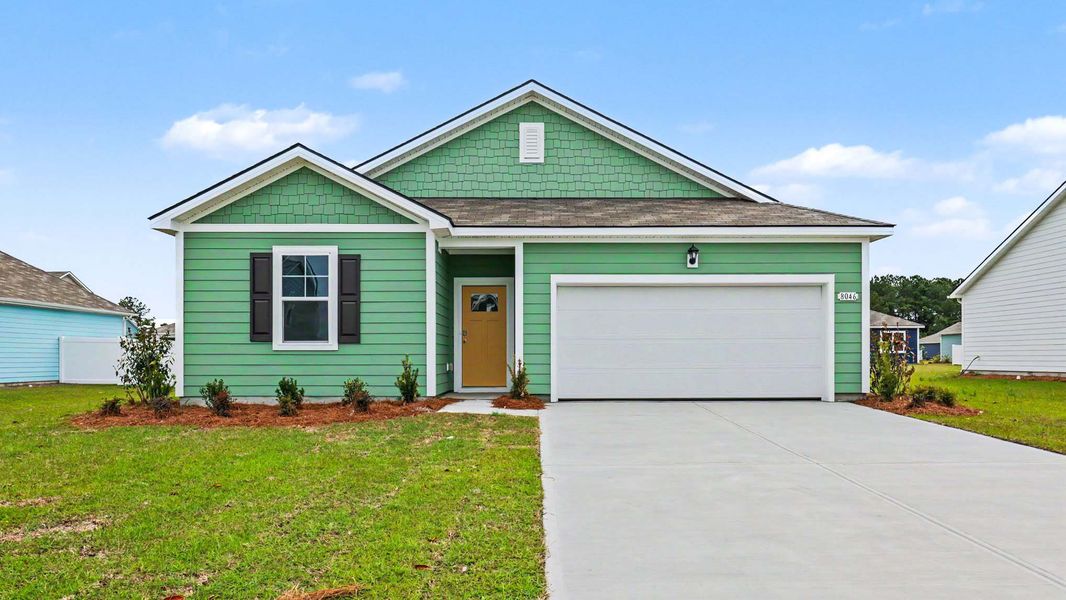 Front exterior of a new home in Auberon Woods, Conway, SC, highlighting curb appeal (Image 1). Front exterior of a new home in Auberon Woods, Conway, SC, highlighting curb appeal (Image 1).