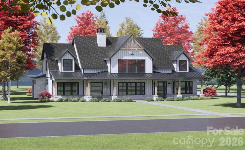 This proposed home is clad in white board-and-batten siding, accented with stonework at the base of the columns and foundation for added texture and elegance. This proposed home is clad in white board-and-batten siding, accented with stonework at the base of the columns and foundation for added texture and elegance.