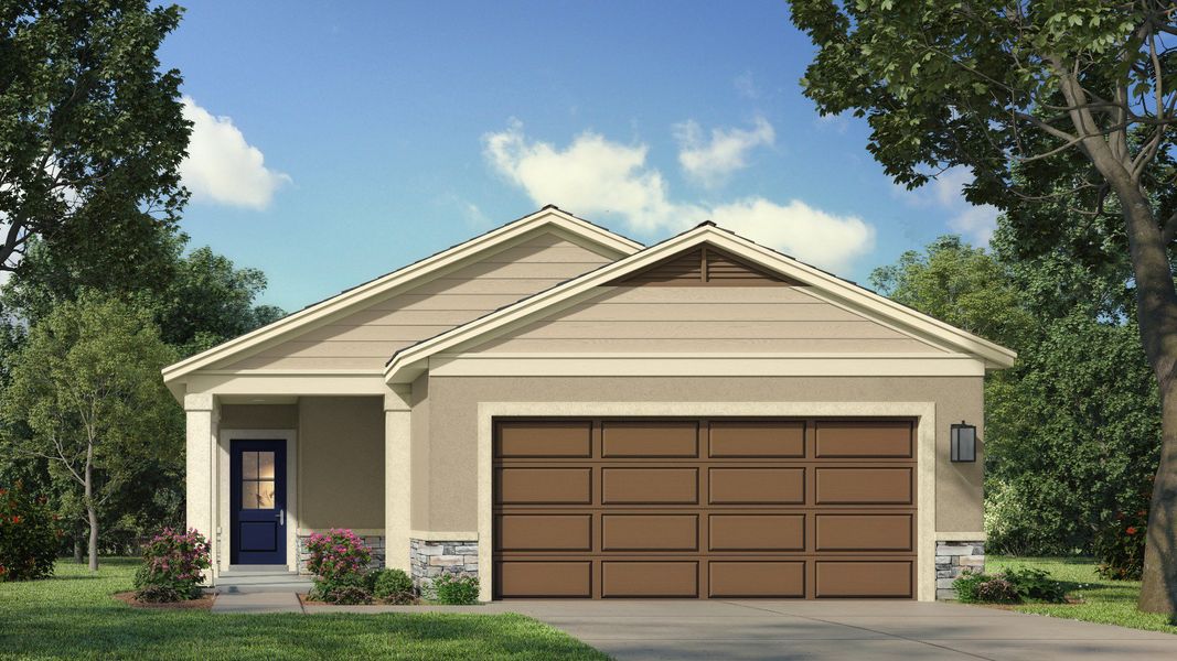 Representative exterior photo of a completed home built from the Flagler by DRB Homes in Grasslands West, Lakeland, FL (Image 1). Representative exterior photo of a completed home built from the Flagler by DRB Homes in Grasslands West, Lakeland, FL (Image 1).