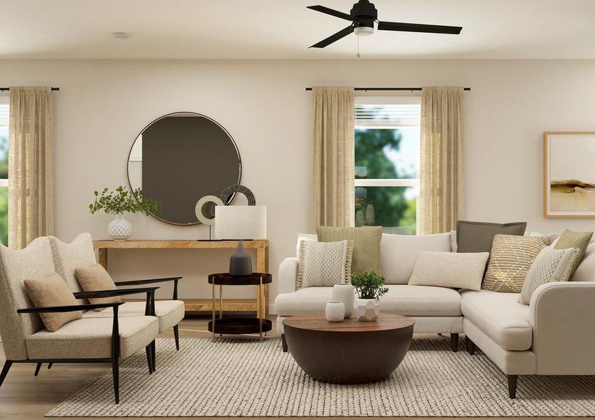 Rendering of the living room, which is
  furnished with a sectional couch, two armchairs, a coffee table and side
  table. Behind the couch is a window and console table.