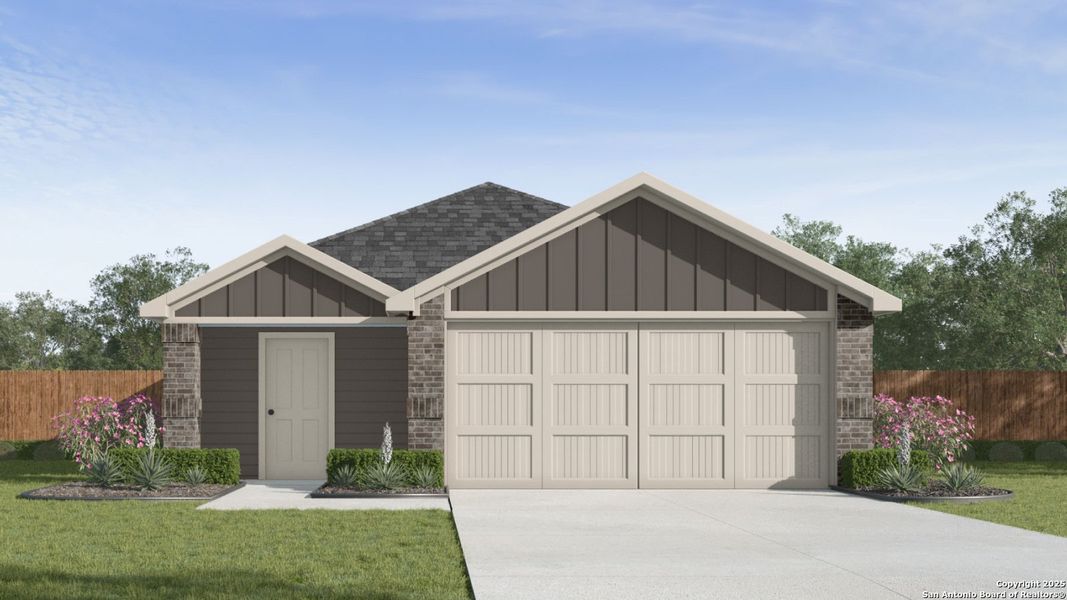 Front exterior of a new home in Spring Valley, New Braunfels, TX, highlighting curb appeal (Image 1).