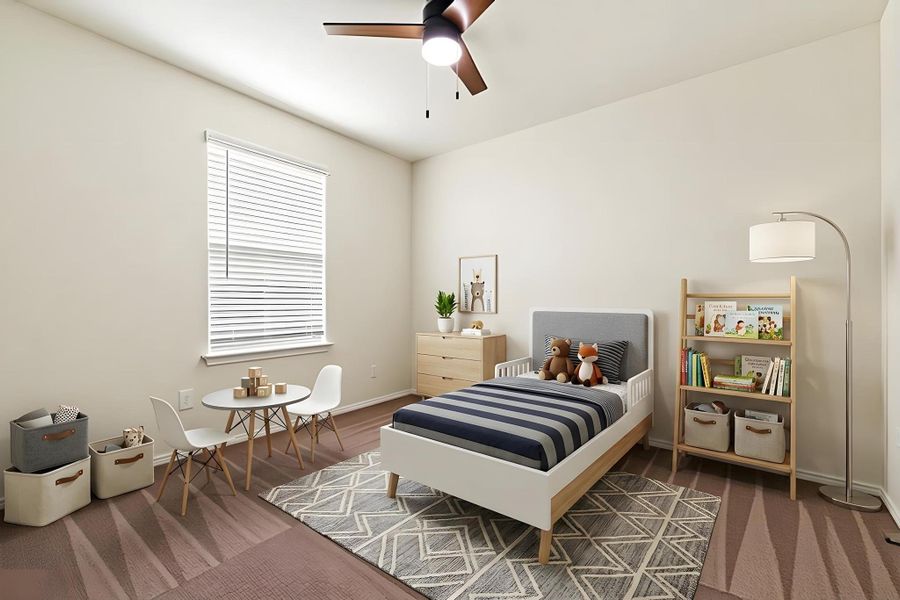 Well-lit children's bedroom with rich wood flooring and a modern ceiling fan. Virtually Staged Well-lit children's bedroom with rich wood flooring and a modern ceiling fan. Virtually Staged