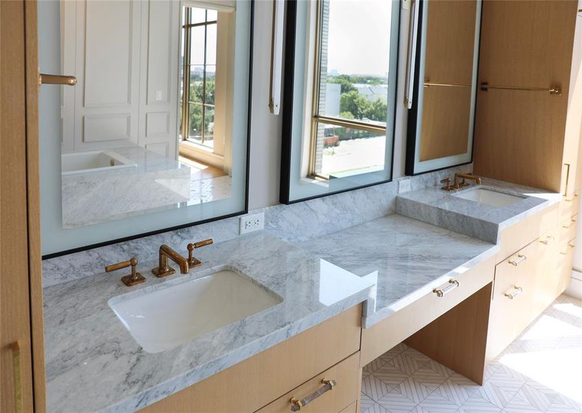 Full bath with double vanity backlit mirrors Full bath with double vanity backlit mirrors