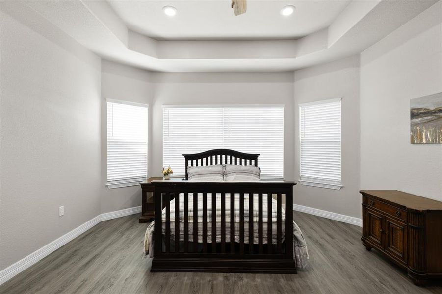 Bedroom with dark wood-style floors, ceiling fan, and multiple windows