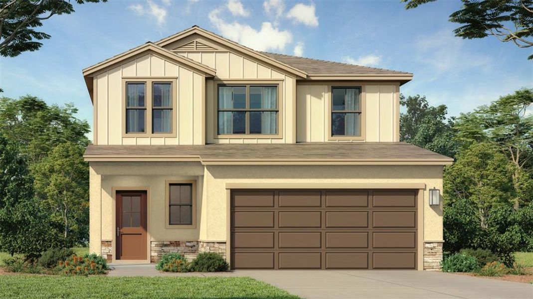 Front exterior of a new home in Grasslands West, Lakeland, FL, highlighting curb appeal (Image 1). Front exterior of a new home in Grasslands West, Lakeland, FL, highlighting curb appeal (Image 1).