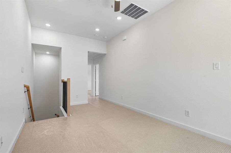 Unfurnished bedroom with carpet floors, recessed lighting, and ceiling fan Unfurnished bedroom with carpet floors, recessed lighting, and ceiling fan