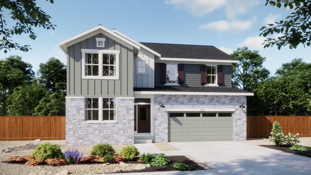 Representative exterior photo of a completed home built from the 4006 by Risewell Homes in Harvest Crossing, Aurora, CO (Image 3). Representative exterior photo of a completed home built from the 4006 by Risewell Homes in Harvest Crossing, Aurora, CO (Image 3).