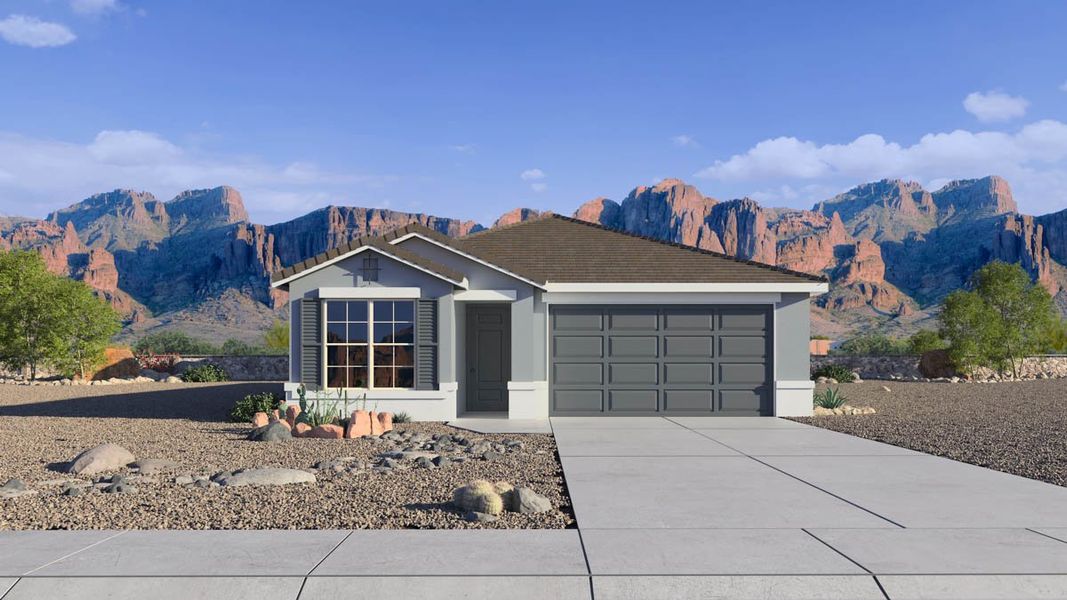 Front exterior of a new home in Zanjero Pass, Waddell, AZ, highlighting curb appeal (Image 1). Front exterior of a new home in Zanjero Pass, Waddell, AZ, highlighting curb appeal (Image 1).