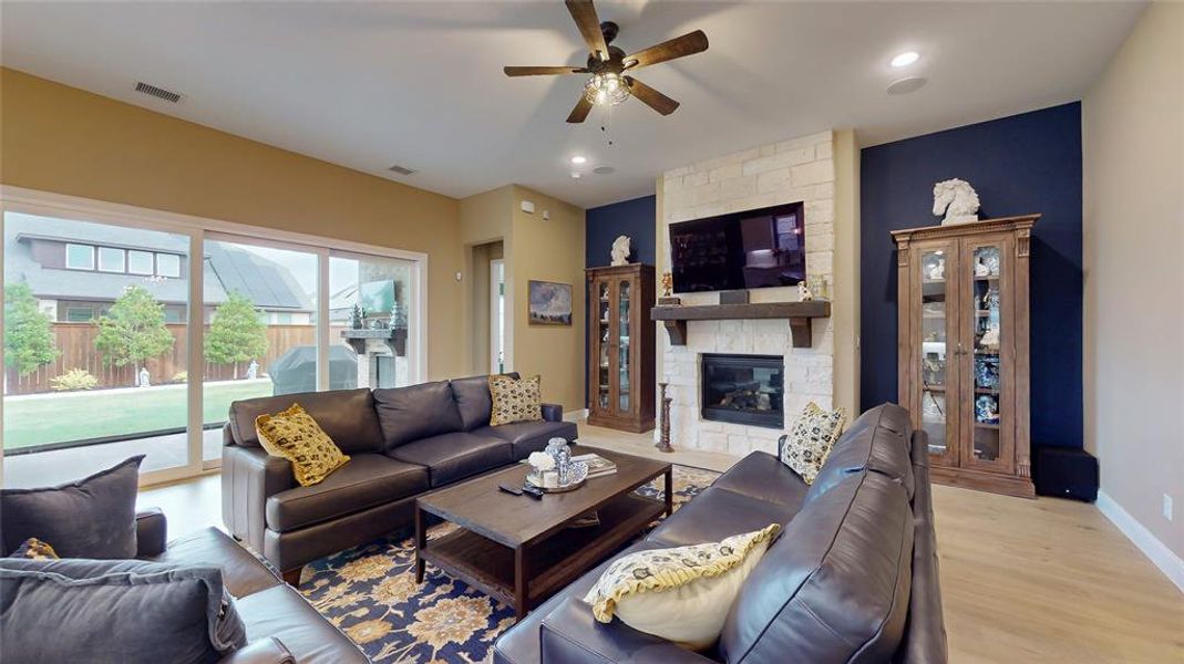 Floor to ceiling stone fireplace