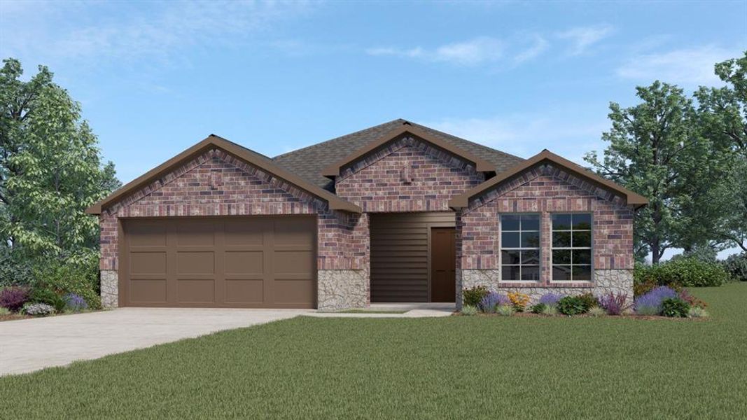 View of front facade featuring brick siding, a front yard, a garage, stone siding, and driveway