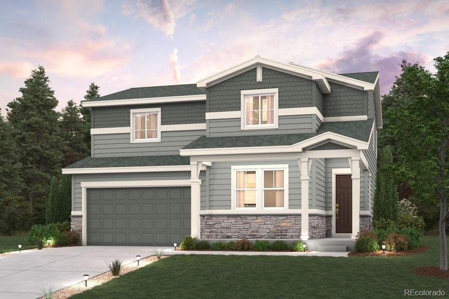Front exterior of a new home in Sweetgrass, Dacono, CO, highlighting curb appeal (Image 1).