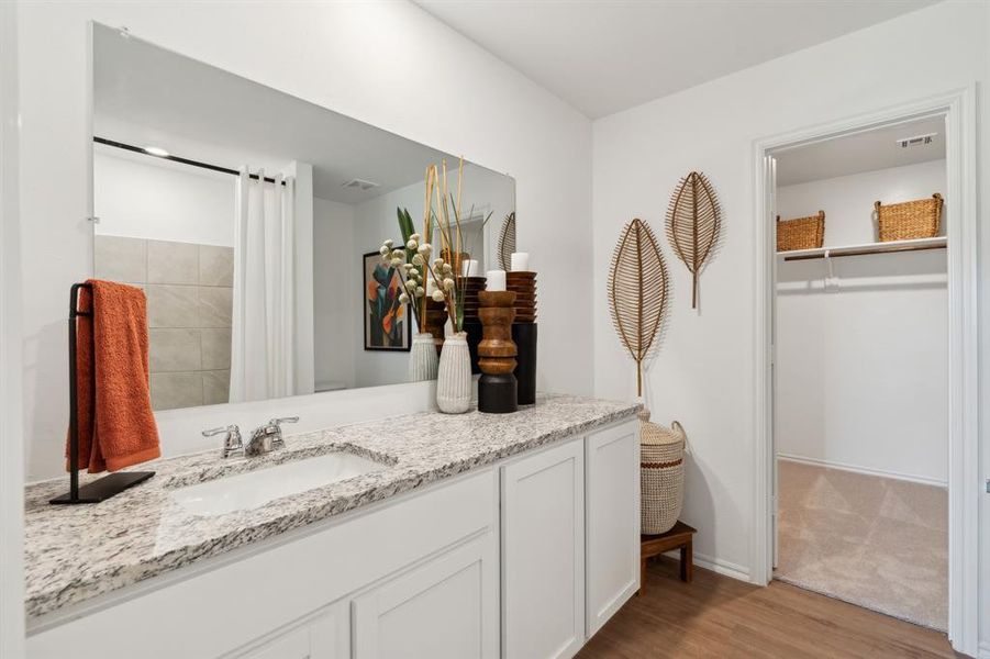 Bathroom with vanity and wood-type flooring