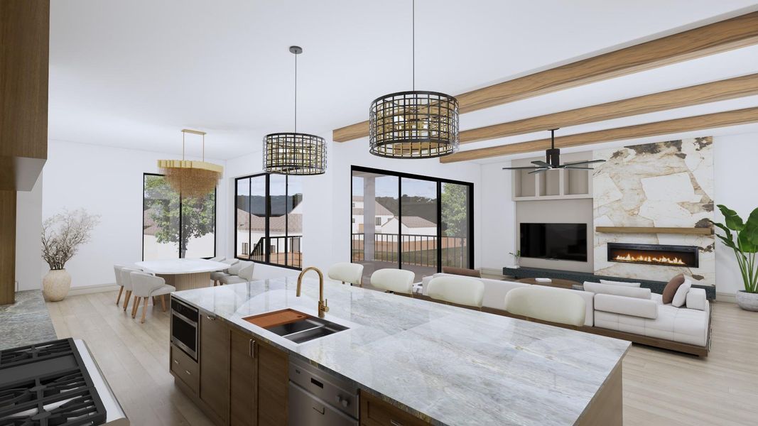 A view across the kitchen island helps convey the simple yet elegant design of what Novel Signature Homes creates for each homeowner.