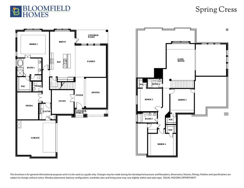 Bloomfield Homes Spring Cress two-story floor plan with four bedrooms, game room, study, and covered patio on both levels. Bloomfield Homes Spring Cress two-story floor plan with four bedrooms, game room, study, and covered patio on both levels.