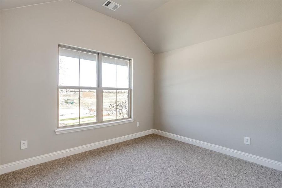 Carpeted empty room featuring lofted ceiling Carpeted empty room featuring lofted ceiling