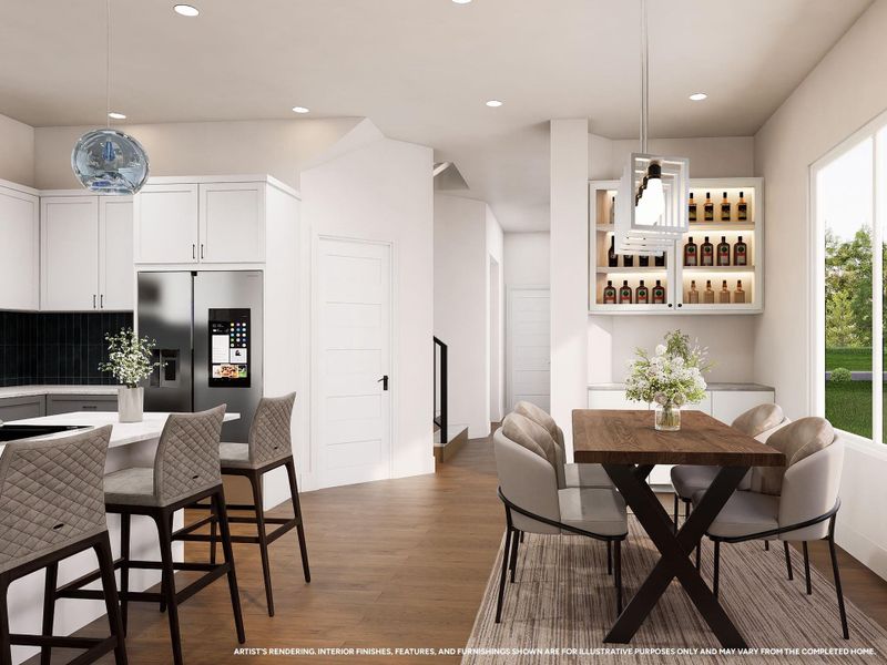 The dining space offers the perfect setting for intimate dinners or larger gatherings, with an open connection to the main living areas that keeps everyone connected. Image depicts artist's rendering; see New Home Sales Consultant for details.
