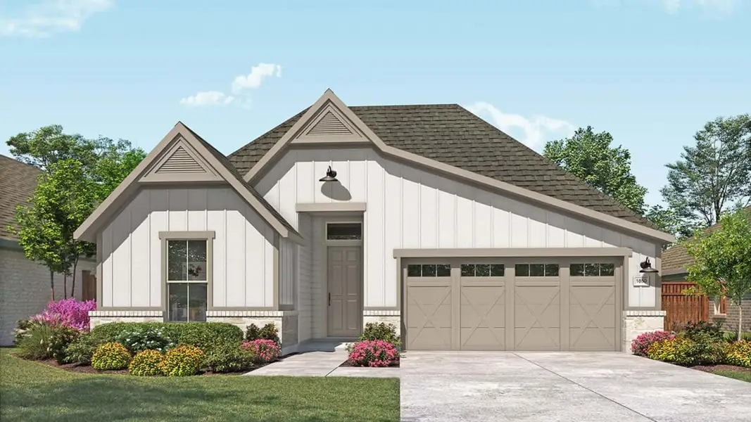 Representative exterior photo of a completed home built from the Mahogany by DRB Homes in Meyer Ranch – Premier, New Braunfels, TX (Image 6). Representative exterior photo of a completed home built from the Mahogany by DRB Homes in Meyer Ranch – Premier, New Braunfels, TX (Image 6).