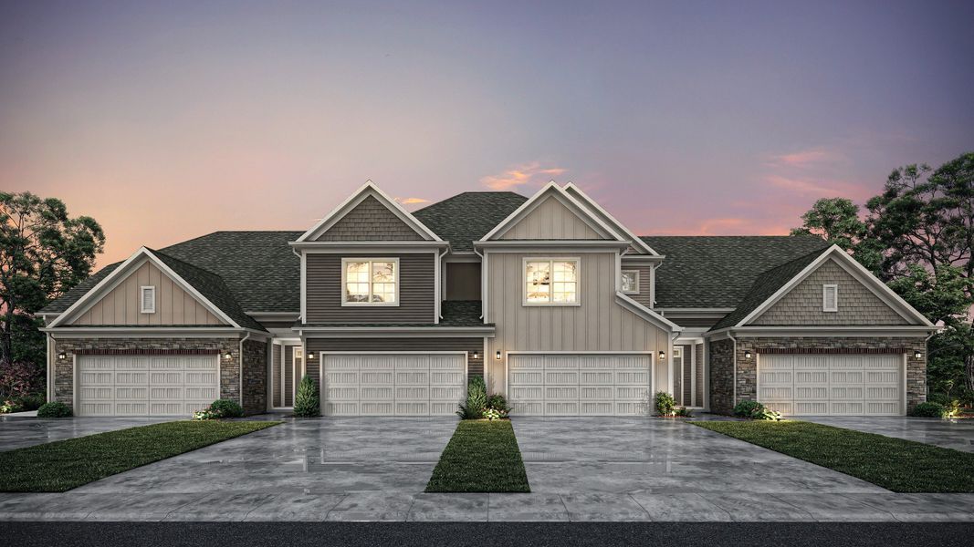 Front exterior of a new home in The Courtyards at Oak Grove, Durham, NC, highlighting curb appeal (Image 2).