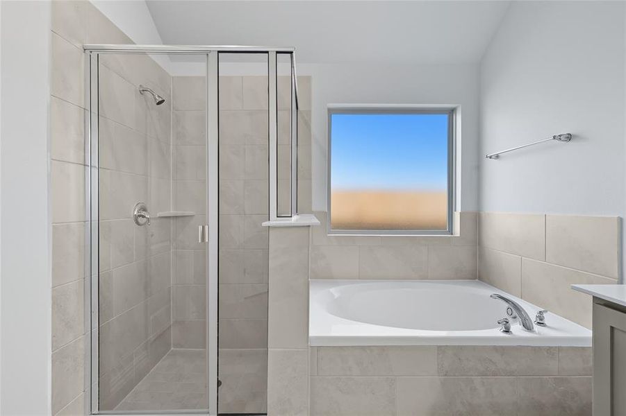 Full bathroom featuring a stall shower, a garden tub, and vanity Full bathroom featuring a stall shower, a garden tub, and vanity