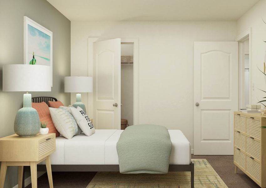 Rendering of a bedroom with a large bed and two nightstands.