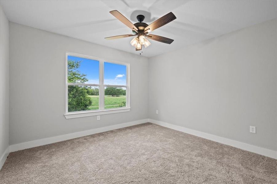 Unfurnished room featuring carpet and ceiling fan