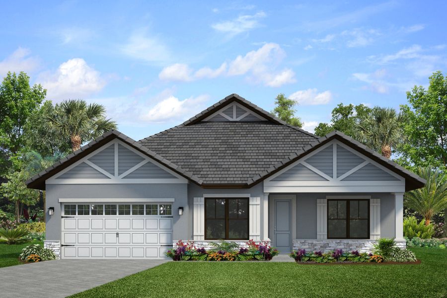Representative exterior photo of a completed home built from the Patagonia by Park Square Residential in Tamarack at Two Rivers, Zephyrhills, FL (Image 13). Representative exterior photo of a completed home built from the Patagonia by Park Square Residential in Tamarack at Two Rivers, Zephyrhills, FL (Image 13).