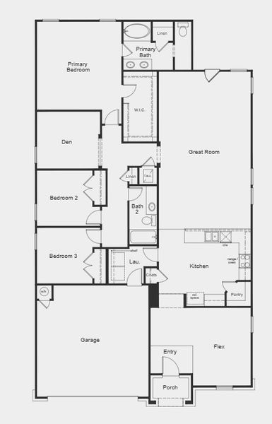 2D floor plan layout for the Plan 2088 Modeled by KB Home in Hidden Trails, Belton, TX (Image 5).