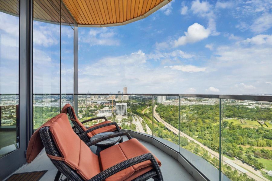 A view from the outdoor covered patio looking west.