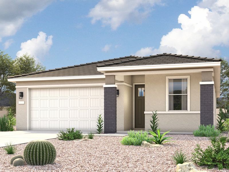 Rendering of front of new home for sale in San Tan, AZ with 2 car garage in the beautiful Skyline Village community with pool.