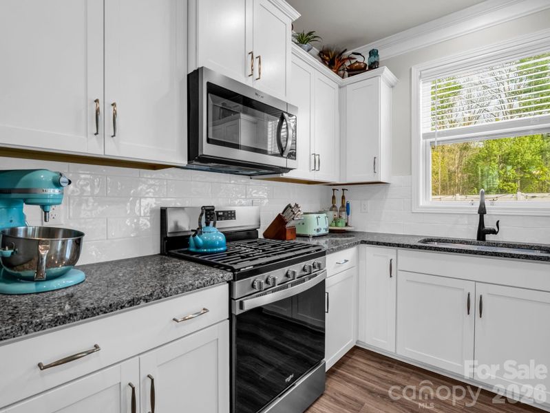 Granite countertops & gas range.