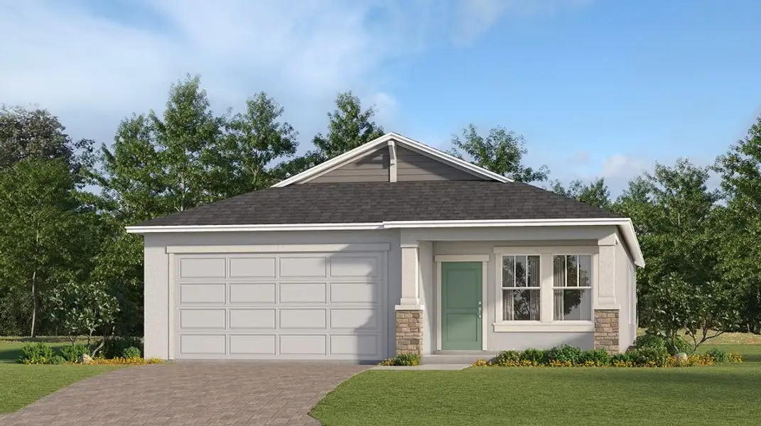 Front exterior of a new home in Lennar at Esplanade, Kissimmee, FL, highlighting curb appeal (Image 1). Front exterior of a new home in Lennar at Esplanade, Kissimmee, FL, highlighting curb appeal (Image 1).
