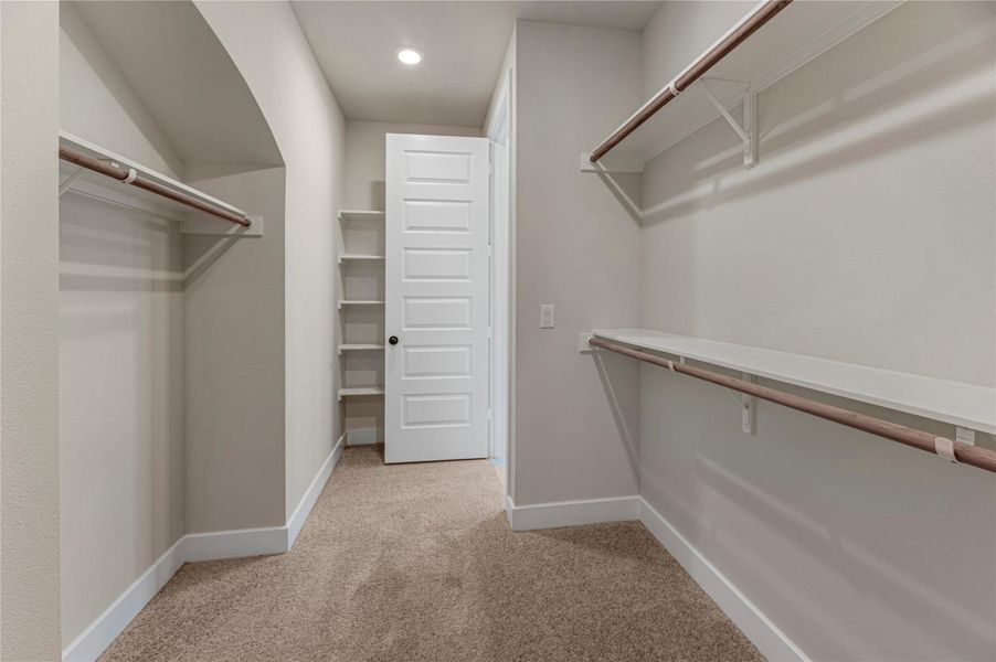 Walk in closet featuring light colored carpet