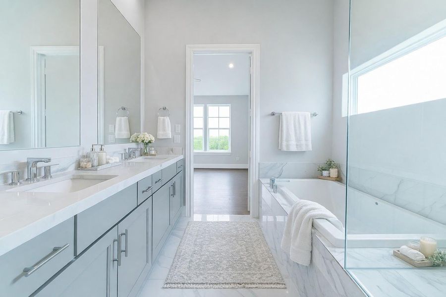 Primary bath with separate shower and tub.   Decor added virtually.