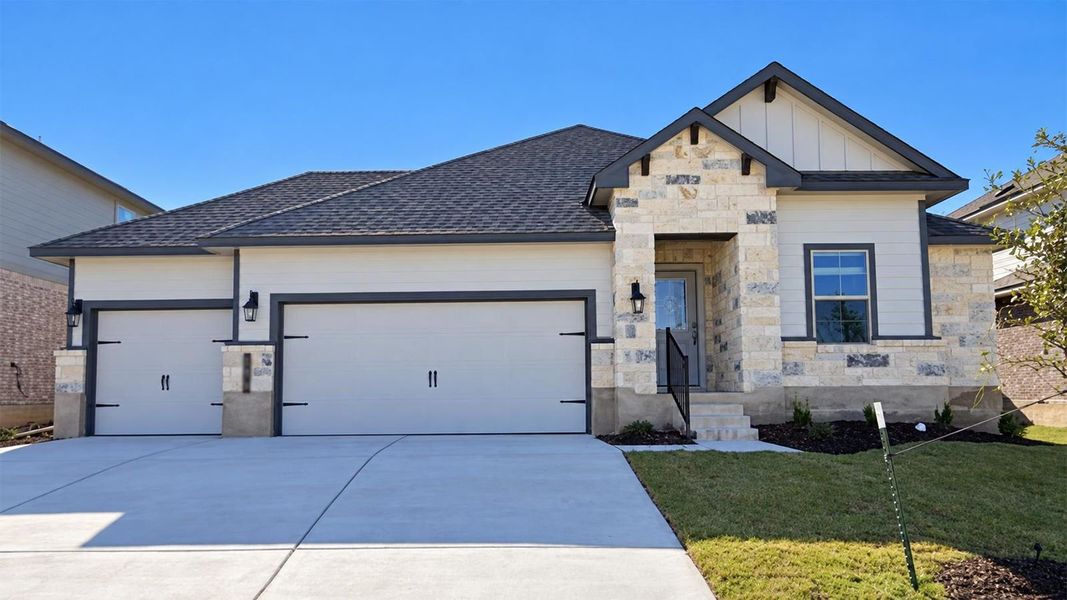 Front exterior of a new home in Turnbo Ranch Traditions, Killeen, TX, highlighting curb appeal (Image 1). Front exterior of a new home in Turnbo Ranch Traditions, Killeen, TX, highlighting curb appeal (Image 1).