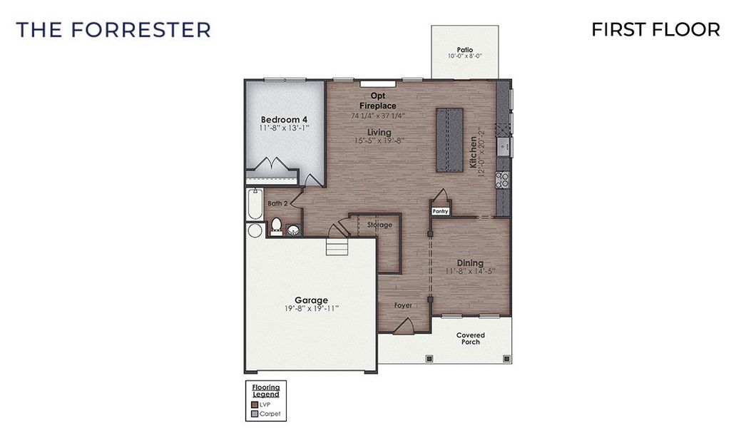2D floor plan layout for the FORRESTER by D.R. Horton in Cedar Hill Landing, Navassa, NC (Image 4).