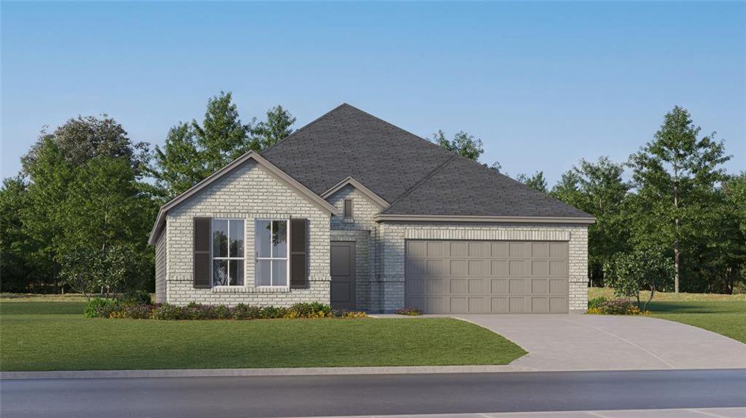 View of front of property featuring a front lawn and a garage