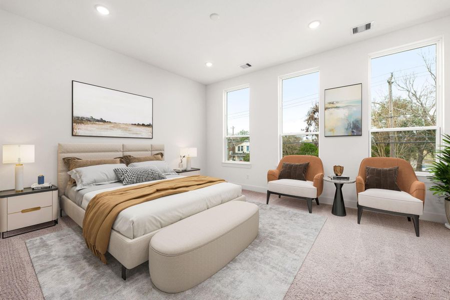 Welcome to your serene retreat! This luxurious primary suite welcomes you with plush carpeting, soaring ceilings, and oversized windows that bathe the space in natural light. The expansive layout offers plenty of room for a cozy seating area, creating the perfect spot to unwind. Elegant and inviting, this stunning bedroom is designed for ultimate comfort and relaxation—a true sanctuary to come home to! Welcome to your serene retreat! This luxurious primary suite welcomes you with plush carpeting, soaring ceilings, and oversized windows that bathe the space in natural light. The expansive layout offers plenty of room for a cozy seating area, creating the perfect spot to unwind. Elegant and inviting, this stunning bedroom is designed for ultimate comfort and relaxation—a true sanctuary to come home to!