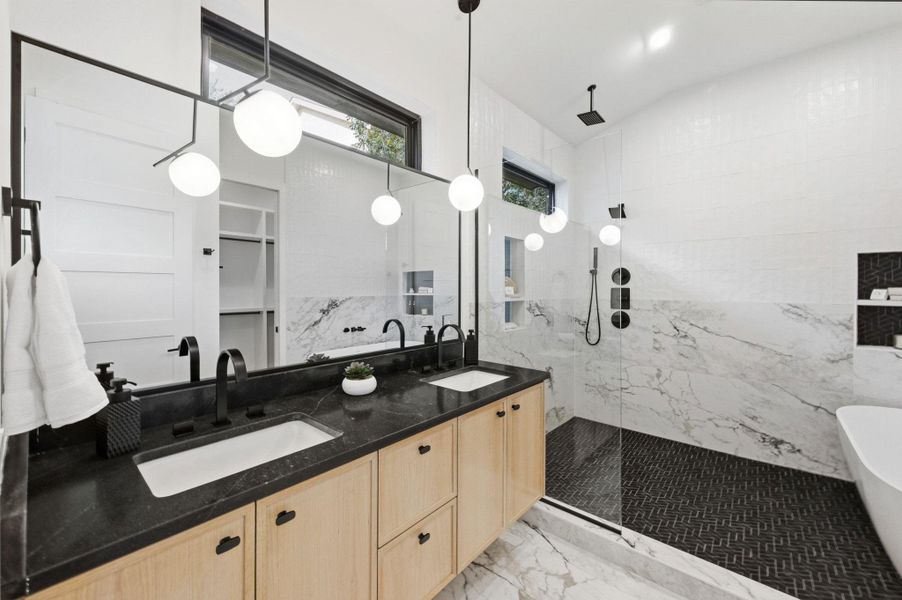 Spa-like primary bath with dual sinks Spa-like primary bath with dual sinks